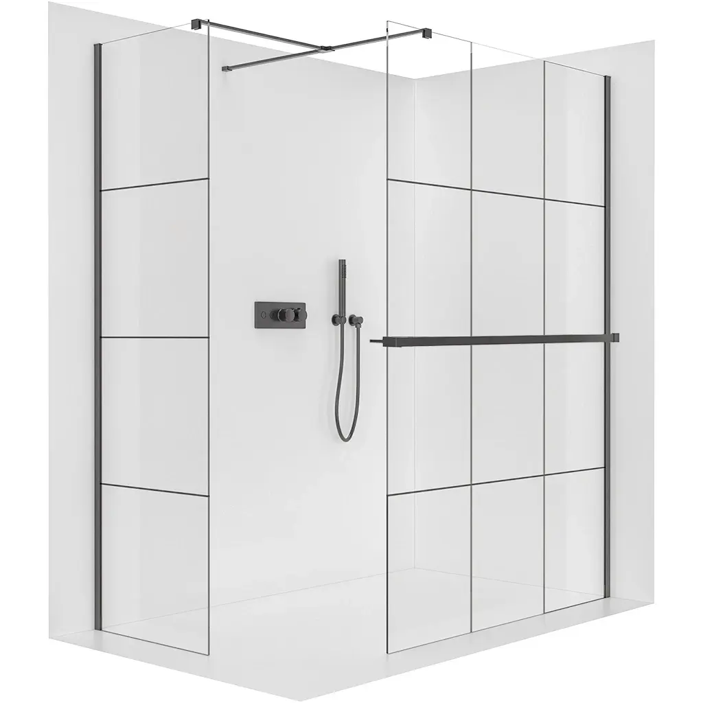 CERANO Sprchová zástěna Walk-in Onyx T L/P 8 mm hranatá vzpěra + polička/držák na ručníky černá matná, industriální sklo- 150x90x200  CER-8050BD4142