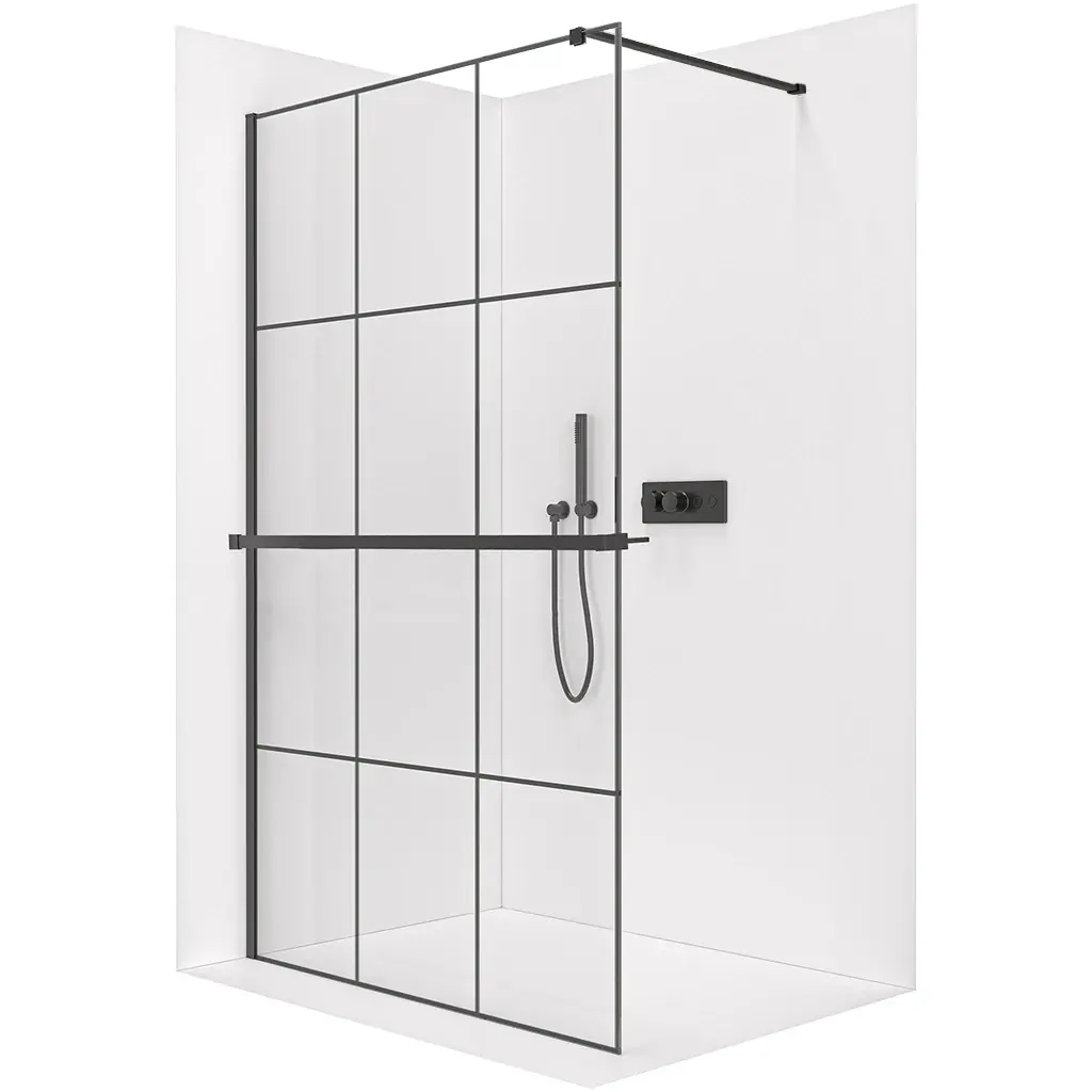 Sprchová zástěna Walk-in Onyx Cube L/P - 8 mm + polička/držák na ručníky - hranatá vzpěra - černá matná, industriální sklo - 110x200 cm