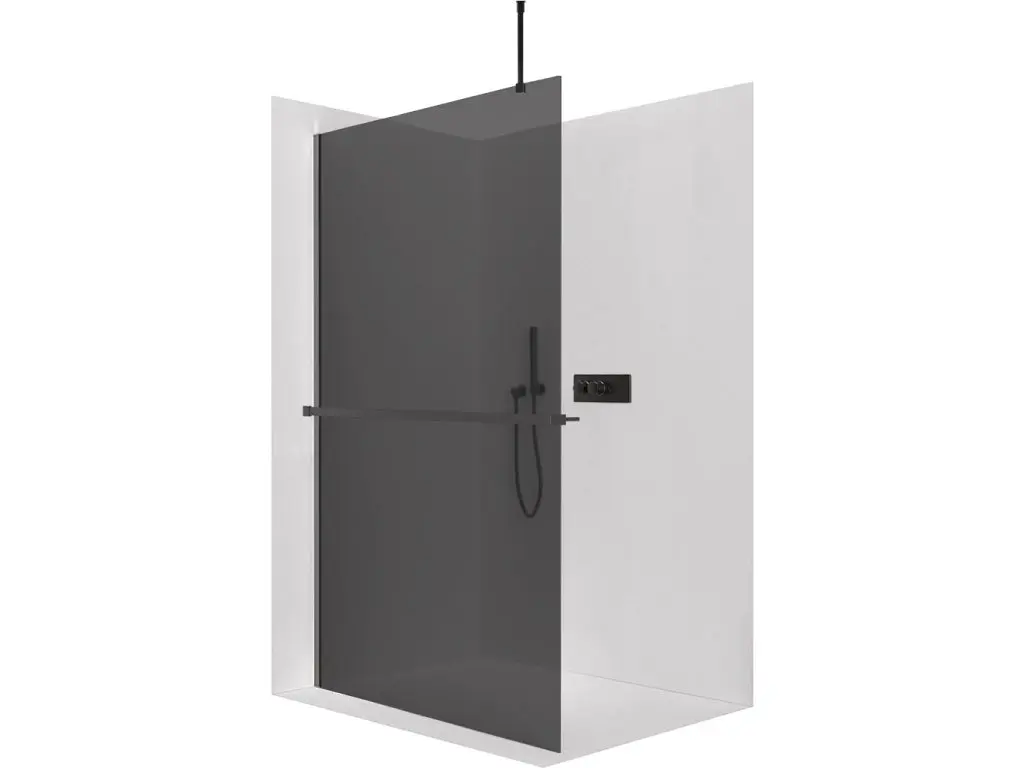 Sprchová zástěna Walk-in Onyx Top Round L/P - 10 mm - kulatá vzpěra + polička/držák na ručníky - černá matná, grafitové sklo - 120x200 cm