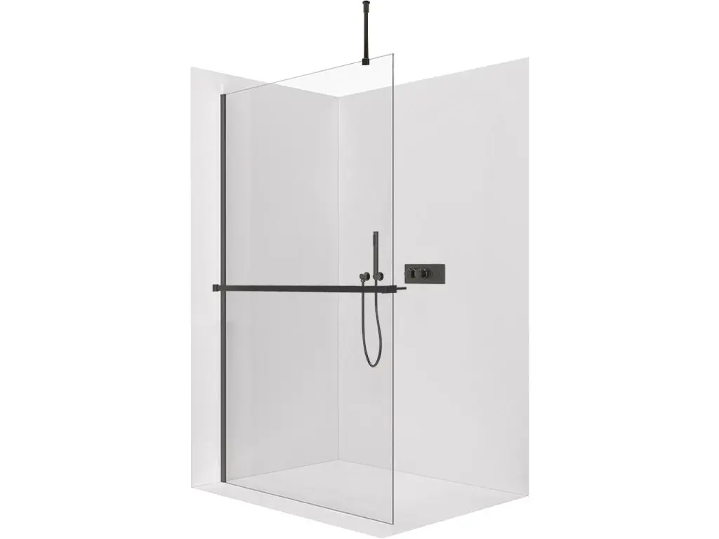 CERANO Sprchová zástěna Walk-in Onyx Top Round L/P 10 mm kulatá vzpěra + polička/držák na ručníky černá matná, transparentní sklo 130x200 CER-8050BD711304