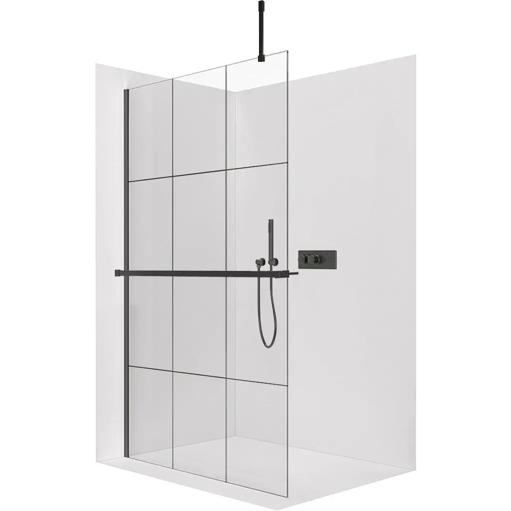CERANO Sprchová zástěna Walk-in Onyx Top Cube L/P 8 mm hranatá vzpěra + polička/držák na ručníky černá matná, industriální sklo 160x200  CER-8050BD7117