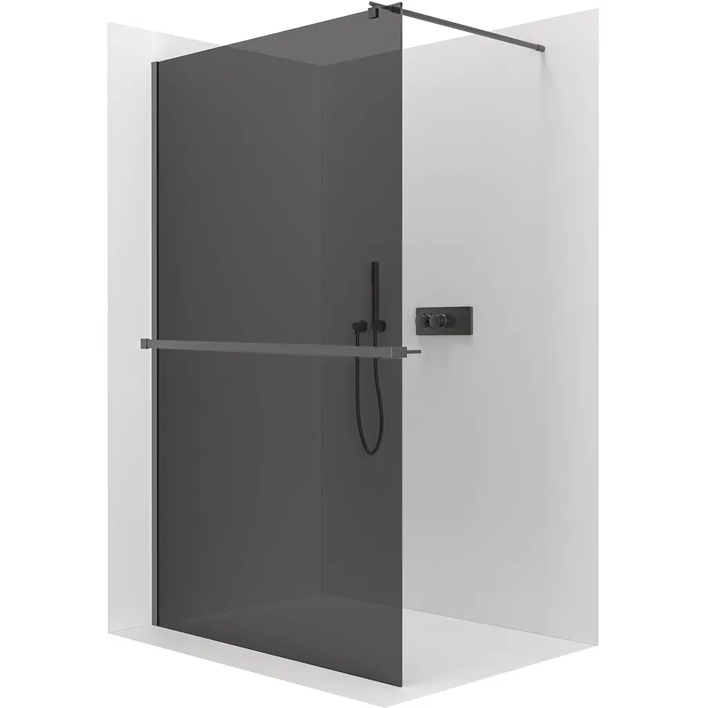 Sprchová zástěna Walk-in Onyx Round L/P - 10 mm + polička/držák na ručníky - kulatá vzpěra - černá matná, grafitové sklo - 110x200 cm