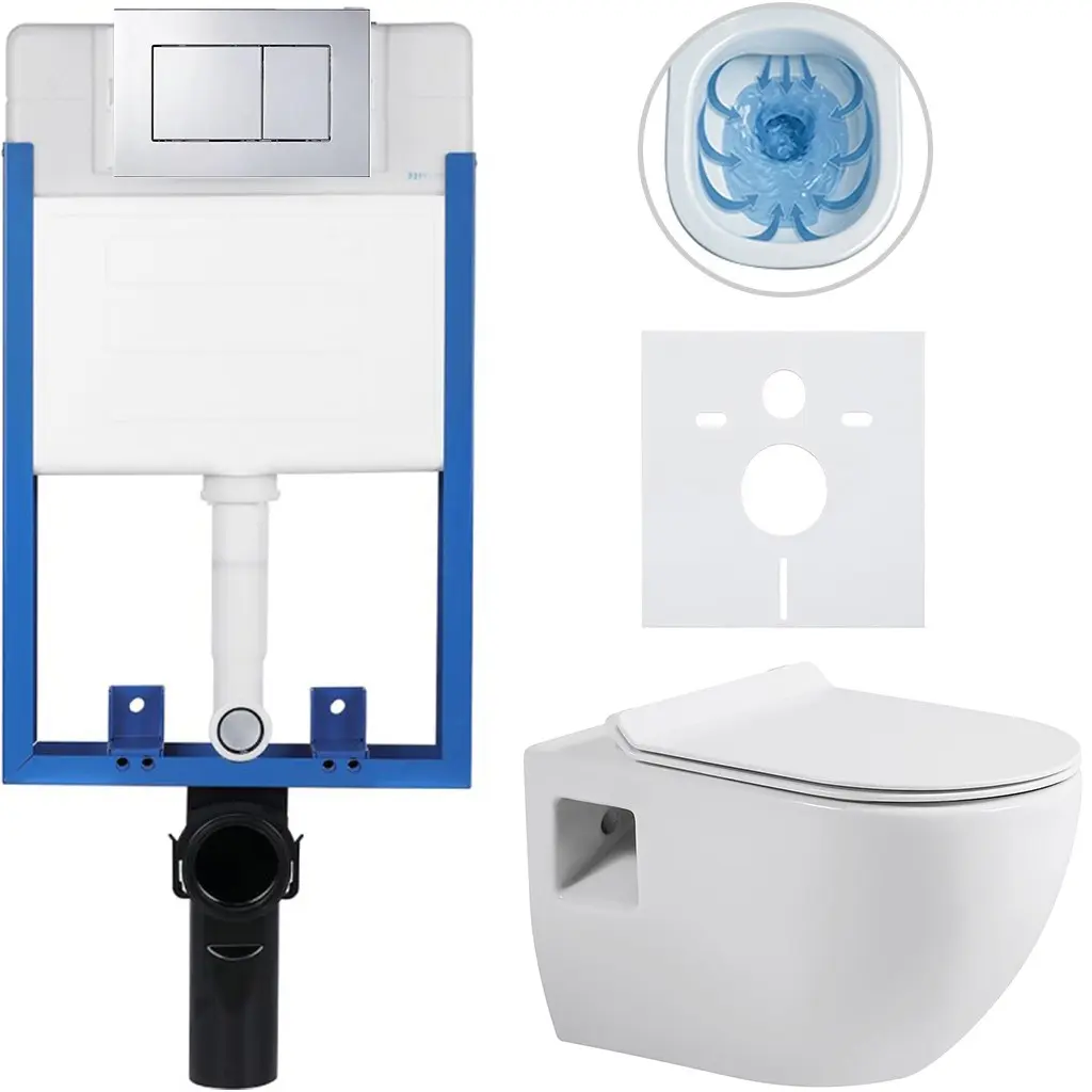 Kompletní WC set Profi/Dure - bílá lesklá - WC tlačítko Classic/Chrom - pro zazdění - 51x35 cm