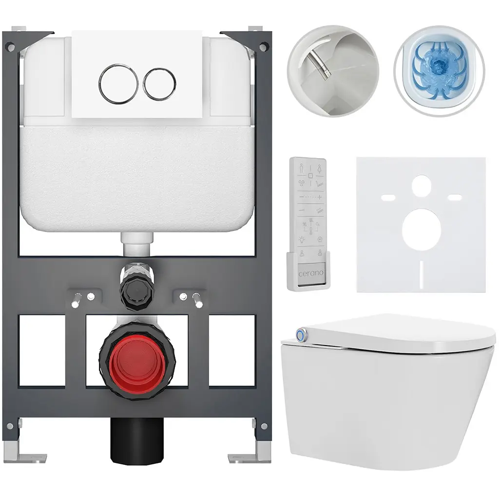 CERANO Závěsné WC s bidetem Basic/Cronus Premium bílá lesklá WC tlačítko Dualo/Bílá závěsné nízký modul předstěnová instalace 59,3x38,4  CER-8050BD86469