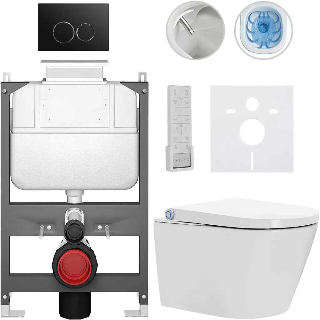 CERANO Závěsné WC s bidetem Basic/Cronus Premium bílá lesklá WC tlačítko Dualo/Černá ovládání shora předstěnová instalace 59,3x38,4  CER-8050BD86470