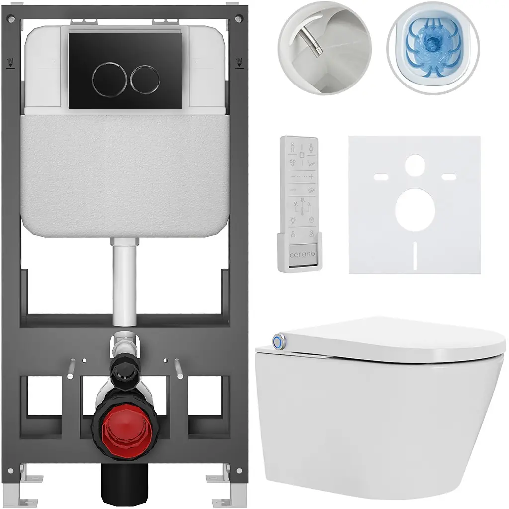CERANO Závěsné WC s bidetem Basic/Cronus Premium bílá lesklá WC tlačítko Dualo/Černá volně stojící předstěnová instalace 59,3x38,4  CER-8050BD86472