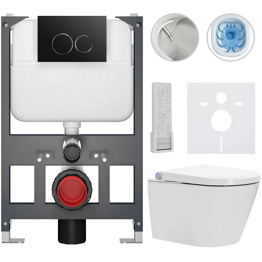 Závěsné WC s bidetem Basic/Cronus Premium - bílá lesklá - WC tlačítko Dualo/Černá - závěsné - nízký modul - předstěnová instalace - 59,3x38,4 cm