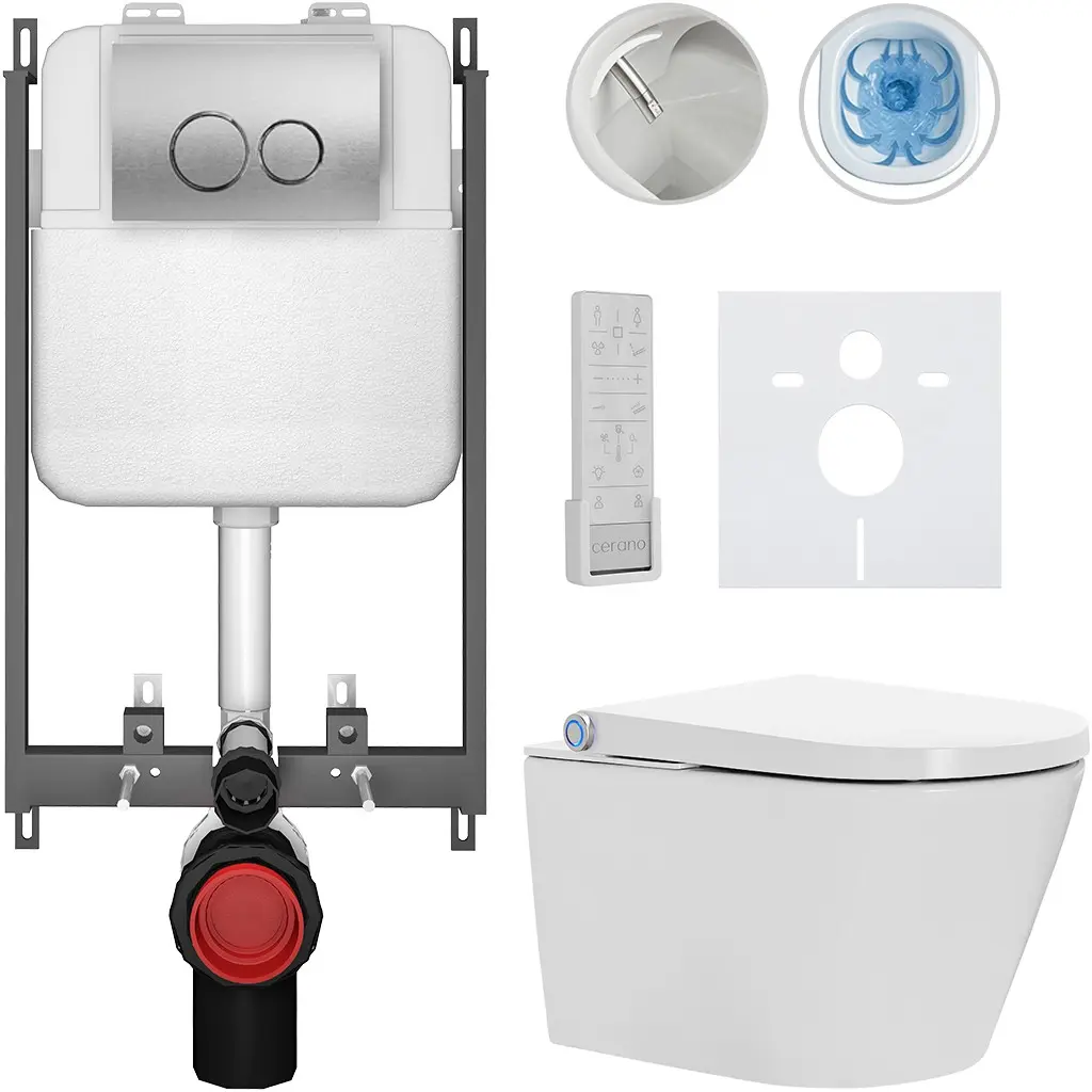 CERANO Závěsné WC s bidetem Basic/Cronus Premium bílá lesklá WC tlačítko Dualo/Stříbrná pro zazdění 59,3x38,4  CER-8050BD86476