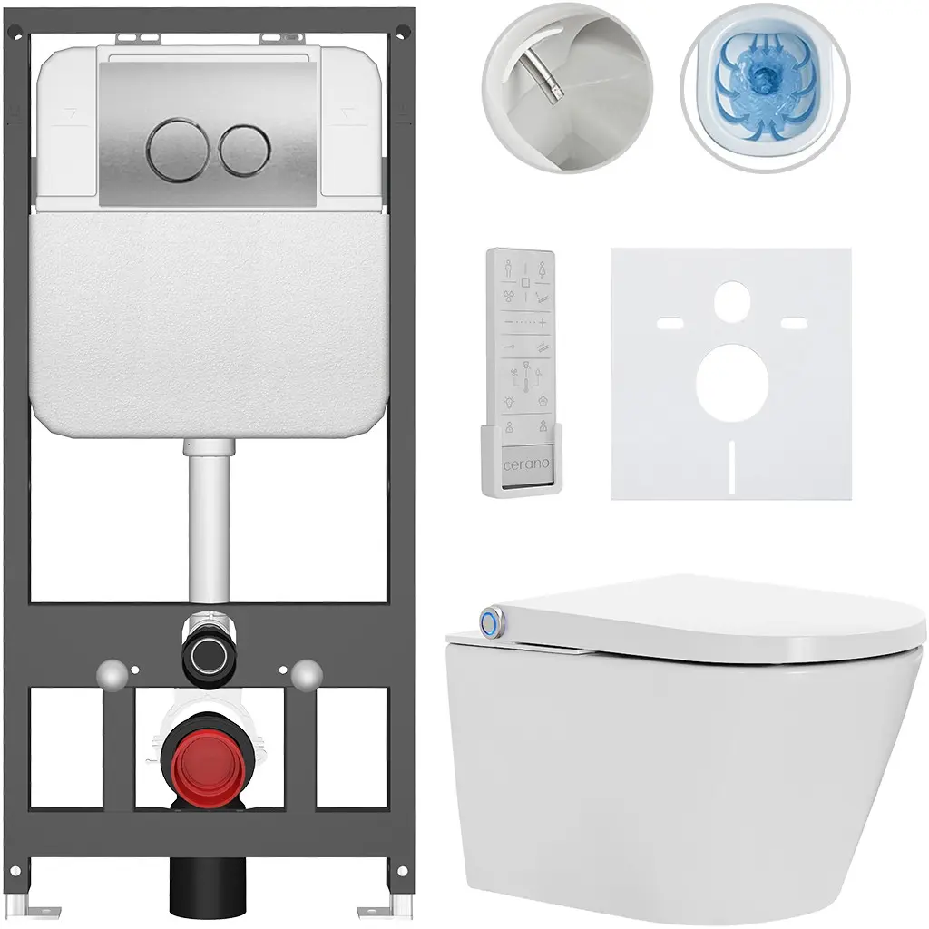 CERANO Závěsné WC s bidetem Basic/Cronus Premium bílá lesklá WC tlačítko Dualo/Stříbrná závěsné předstěnová instalace 59,3x38,4  CER-8050BD86478