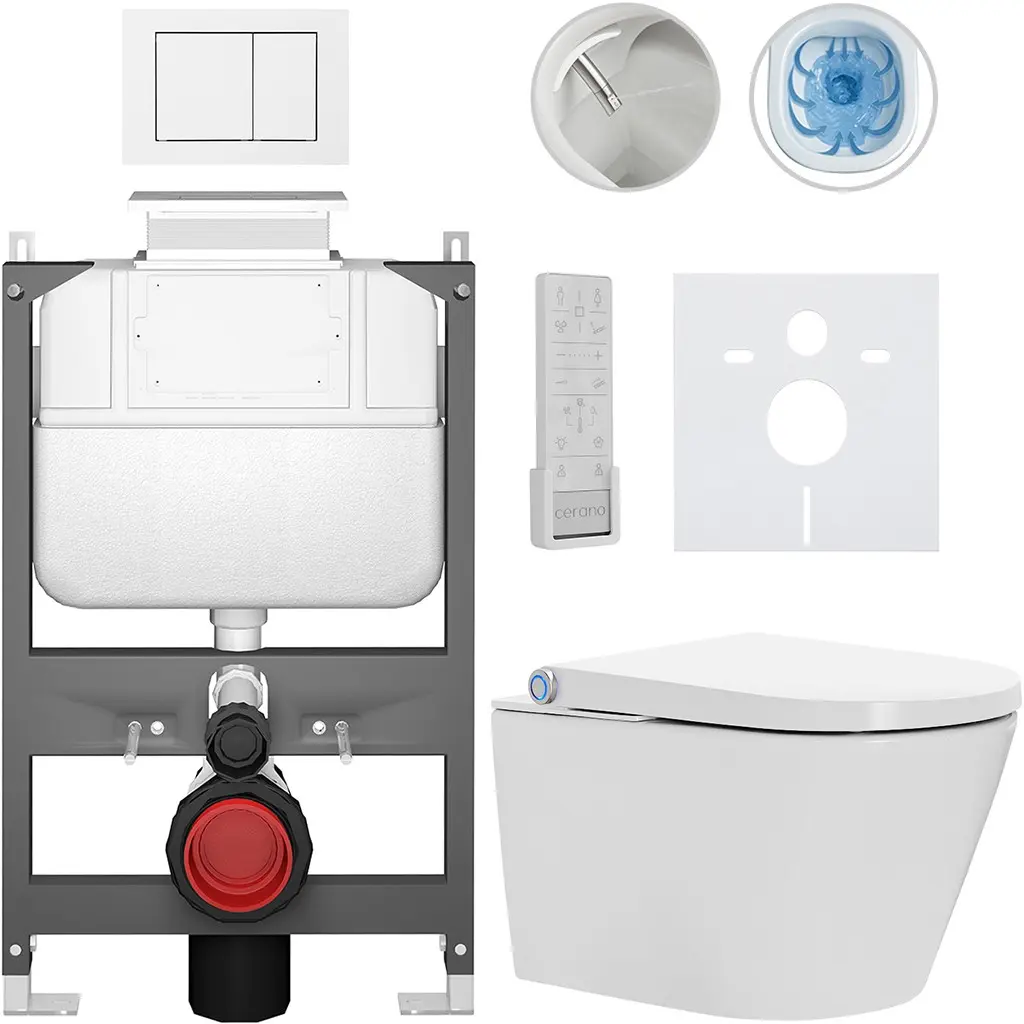 CERANO Závěsné WC s bidetem Basic/Cronus Premium bílá lesklá WC tlačítko Maxio/Bílá ovládání shora předstěnová instalace 59,3x38,4  CER-8050BD86480