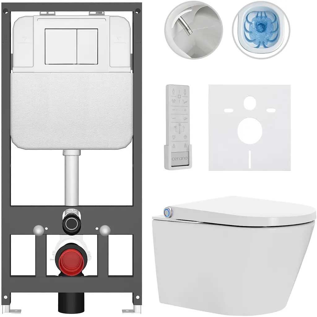 CERANO Závěsné WC s bidetem Basic/Cronus Premium bílá lesklá WC tlačítko Maxio/Bílá závěsné předstěnová instalace 59,3x38,4  CER-8050BD86483