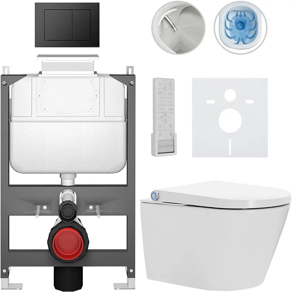 Závěsné WC s bidetem Basic/Cronus Premium - bílá lesklá - WC tlačítko Maxio/Černá - ovládání shora - předstěnová instalace - 59,3x38,4 cm