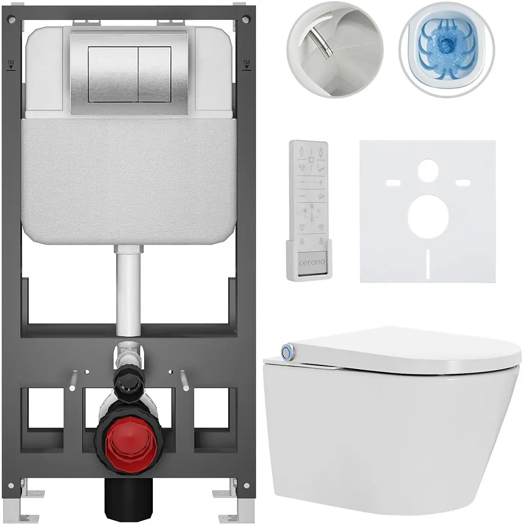 CERANO Závěsné WC s bidetem Basic/Cronus Premium bílá lesklá WC tlačítko Maxio/Stříbrná volně stojící předstěnová instalace 59,3x38,4  CER-8050BD86492