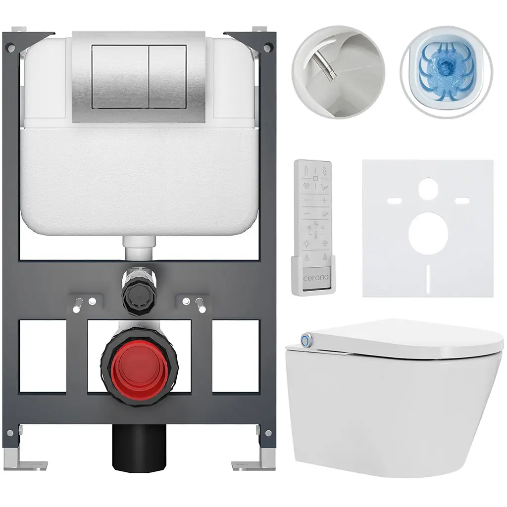 CERANO Závěsné WC s bidetem Basic/Cronus Premium bílá lesklá WC tlačítko Maxio/Stříbrná závěsné nízký modul předstěnová instalace 59,3x38,4  CER-8050BD86494