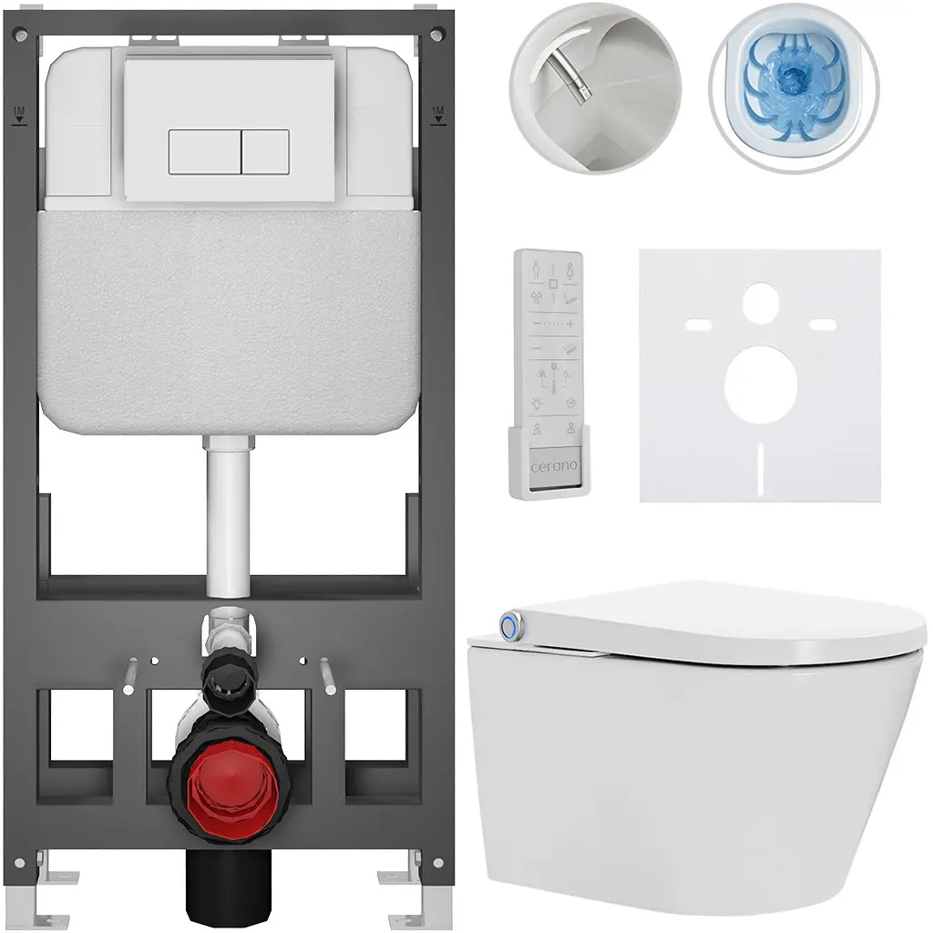 CERANO Závěsné WC s bidetem Basic/Cronus Premium bílá lesklá WC tlačítko Modulo/Bílá volně stojící předstěnová instalace 59,3x38,4  CER-8050BD86497