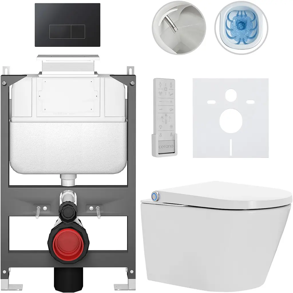 Závěsné WC s bidetem Basic/Cronus Premium - bílá lesklá - WC tlačítko Modulo/Černá - ovládání shora - předstěnová instalace - 59,3x38,4 cm