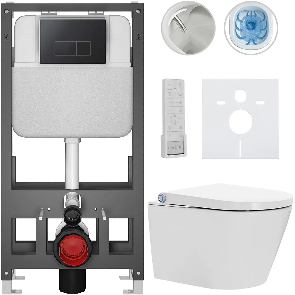 CERANO Závěsné WC s bidetem Basic/Cronus Premium bílá lesklá WC tlačítko Modulo/Černá volně stojící předstěnová instalace 59,3x38,4  CER-8050BD86502