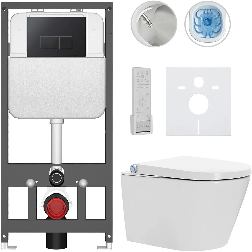 CERANO Závěsné WC s bidetem Basic/Cronus Premium bílá lesklá WC tlačítko Modulo/Černá závěsné předstěnová instalace 59,3x38,4  CER-8050BD86503