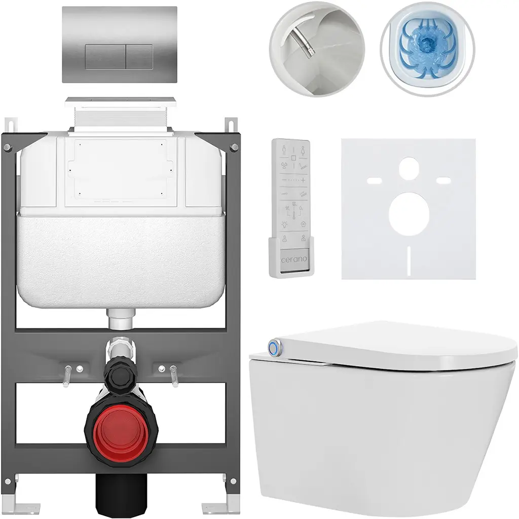 CERANO Závěsné WC s bidetem Basic/Cronus Premium bílá lesklá WC tlačítko Modulo/Stříbrná ovládání shora předstěnová instalace 59,3x38,4  CER-8050BD86505