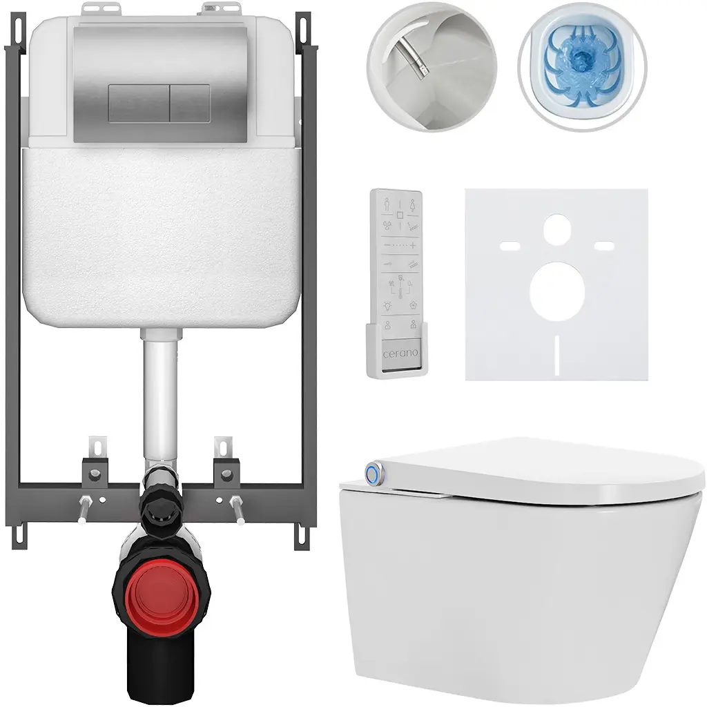 CERANO Závěsné WC s bidetem Basic/Cronus Premium bílá lesklá WC tlačítko Modulo/Stříbrná pro zazdění 59,3x38,4  CER-8050BD86506