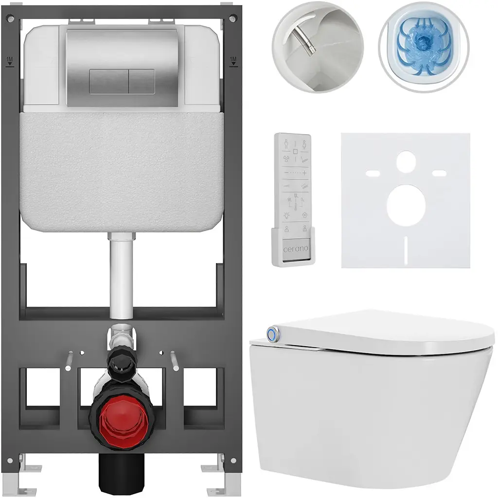 CERANO Závěsné WC s bidetem Basic/Cronus Premium bílá lesklá WC tlačítko Modulo/Stříbrná volně stojící předstěnová instalace 59,3x38,4  CER-8050BD86507