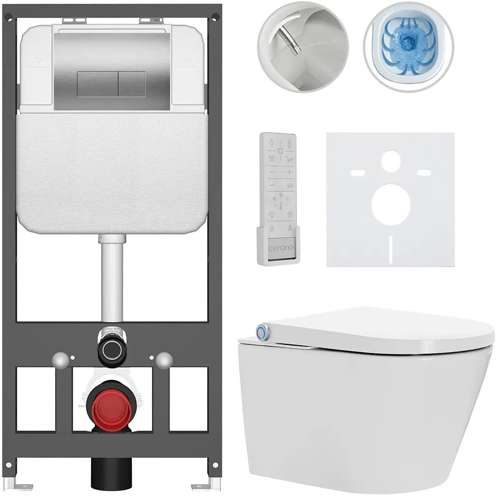CERANO Závěsné WC s bidetem Basic/Cronus Premium bílá lesklá WC tlačítko Modulo/Stříbrná závěsné předstěnová instalace 59,3x38,4  CER-8050BD86508