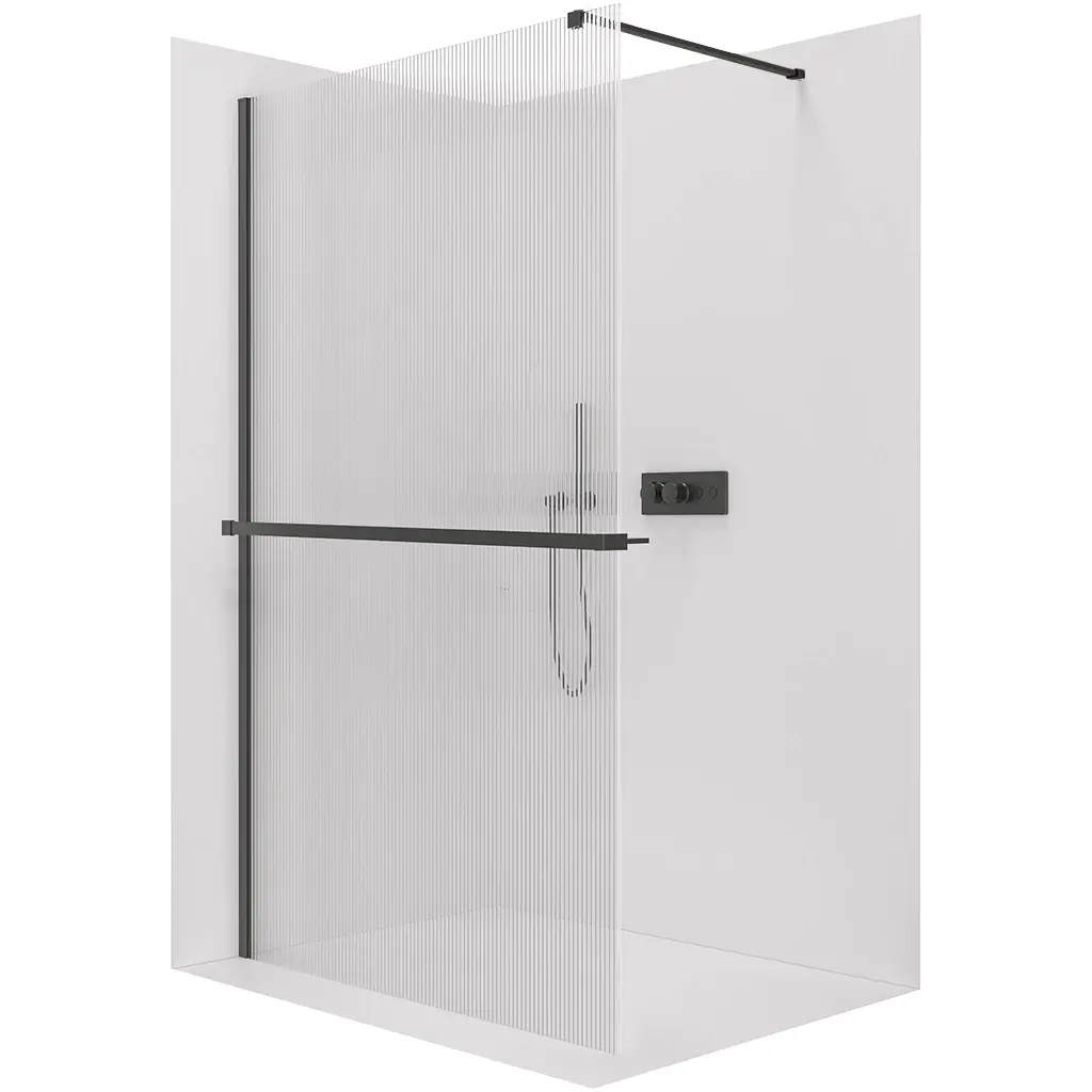 CERANO Sprchová zástěna Walk-in Onyx Cube L/P 8 mm + polička/držák na ručníky hranatá vzpěra černá matná, rýhované sklo 160x200  CER-8050BD622