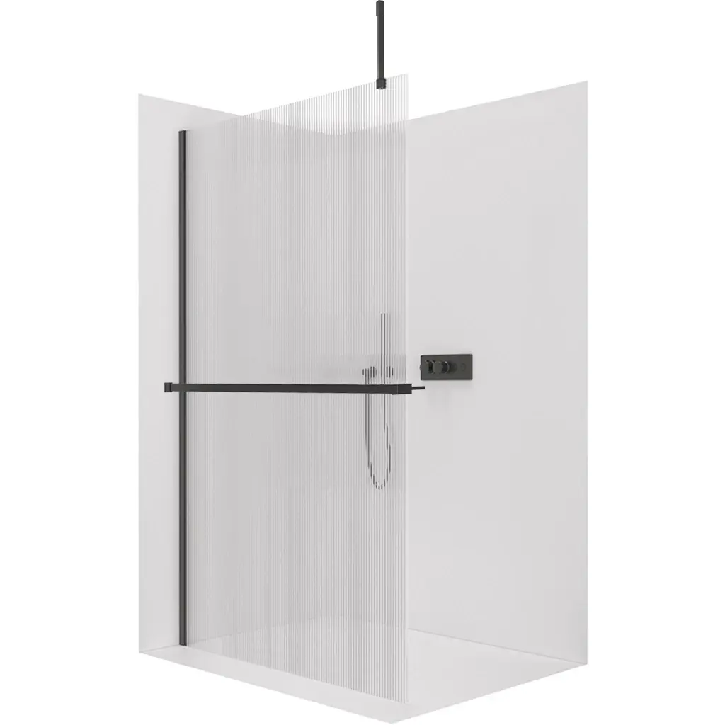 Sprchová zástěna Walk-in Onyx Top Cube L/P - 8 mm - hranatá vzpěra + polička/držák na ručníky - černá matná, rýhované sklo - 160x200 cm