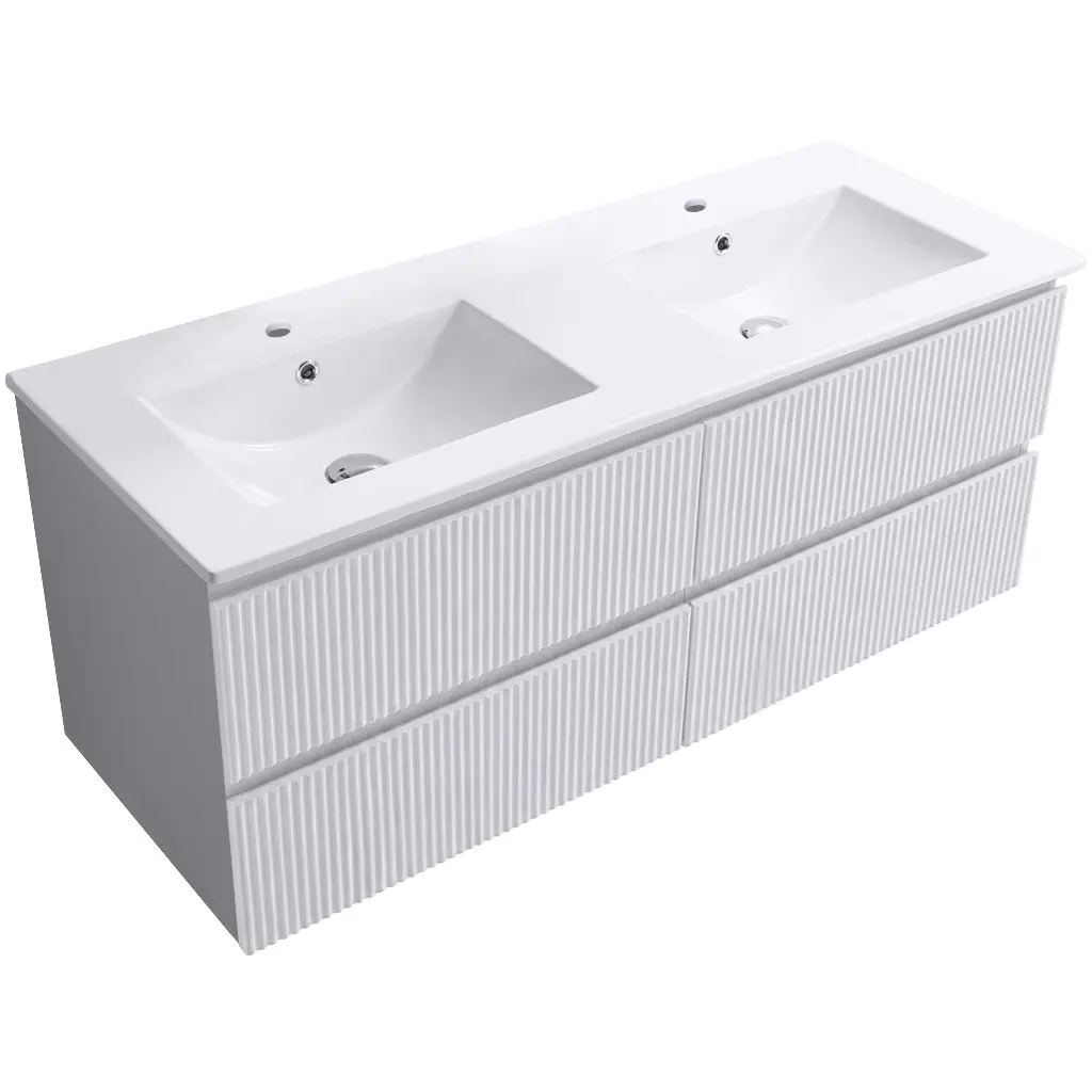 CERANO Koupelnová skříňka Carole bílá matná rýhovaná + keramické dvojumyvadlo Todo bílá lesklá 121x50x46,5 CER-104519