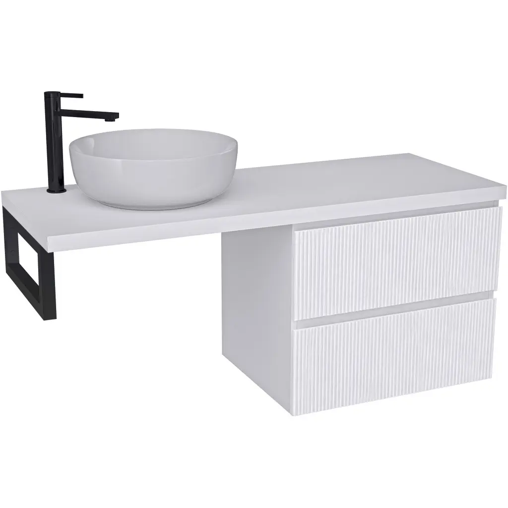 CERANO Koupelnová skříňka Carole bílá matná rýhovaná + deska pod umyvadlo Navira Pro 36 mm + konzole černá 120x51,6x46 CER-173290