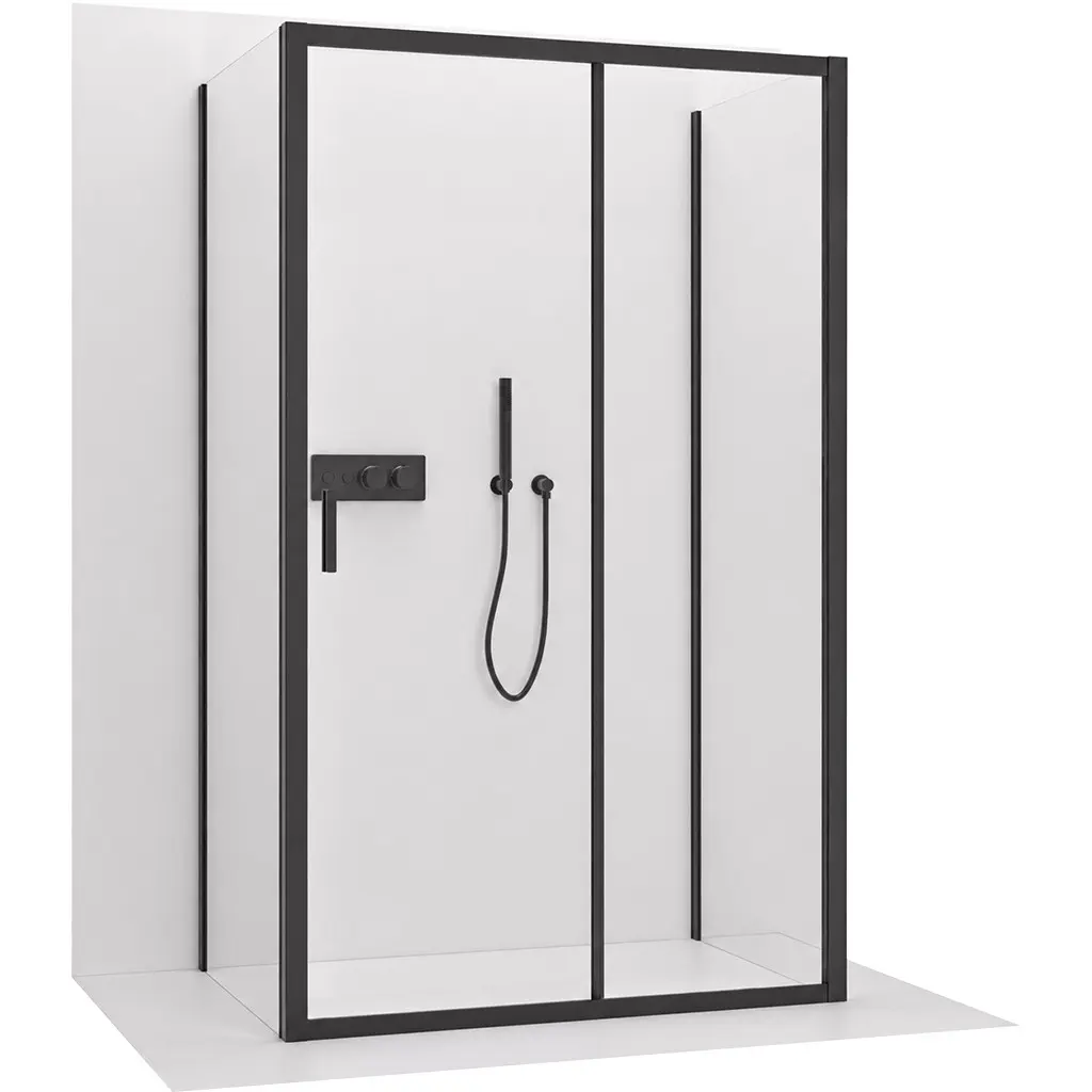 CERANO Třístěnný sprchový kout Varone LINE U L/P 6 mm černá matná, transparentní sklo 150x100x195 posuvný CER-DY505B-90-211