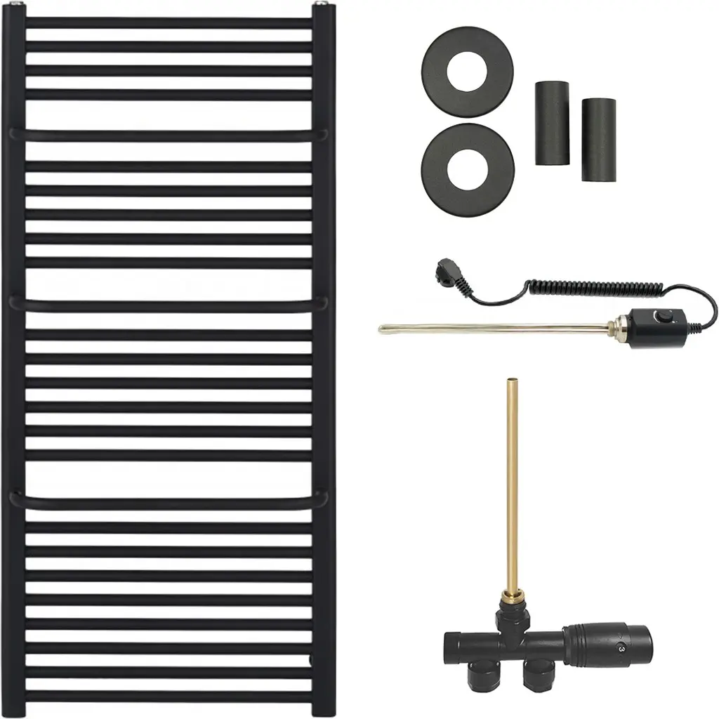 Koupelnový radiátorový set Antonio - kombinované vytápění, termo tyč - boční jednobodové připojení - 600W - černá matná - 1180x550 mm