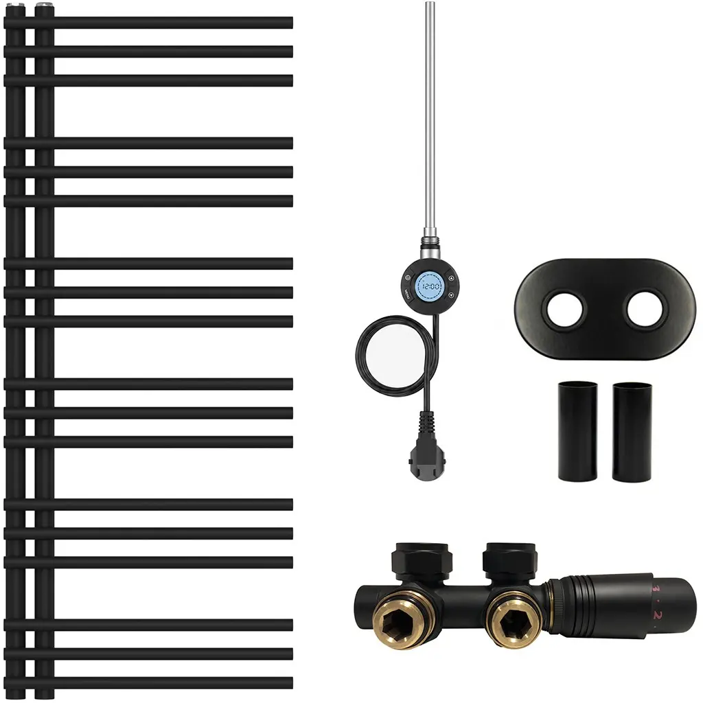 CERANO Koupelnový radiátorový set Burke kombinované vytápění, wifi tyč asymetrické připojení 50 mm 300W černá matná 1200x500 mm CER-463967