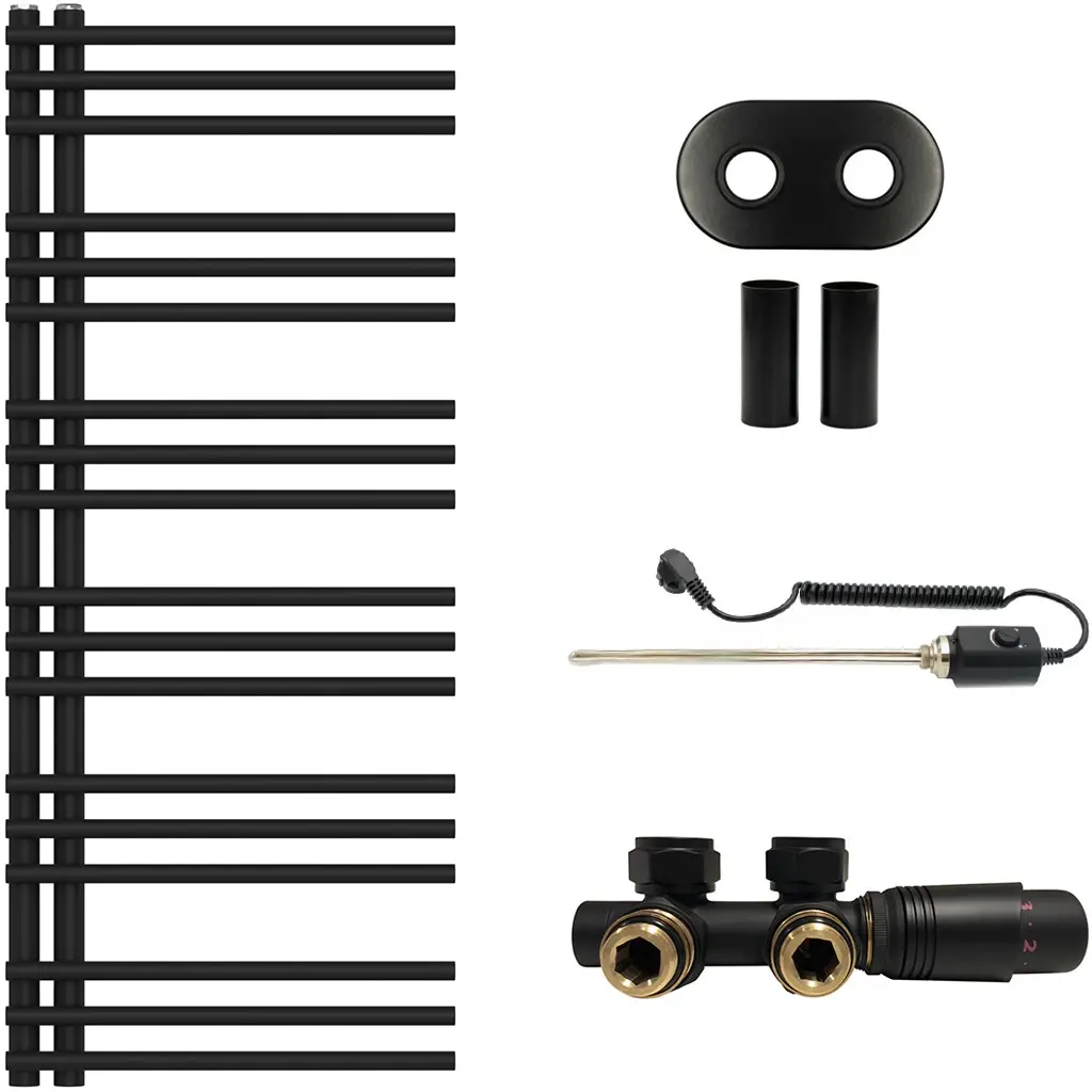 CERANO Koupelnový radiátorový set Burke kombinované vytápění, termo tyč asymetrické připojení 50 mm 300W černá matná 1200x500 mm CER-467273