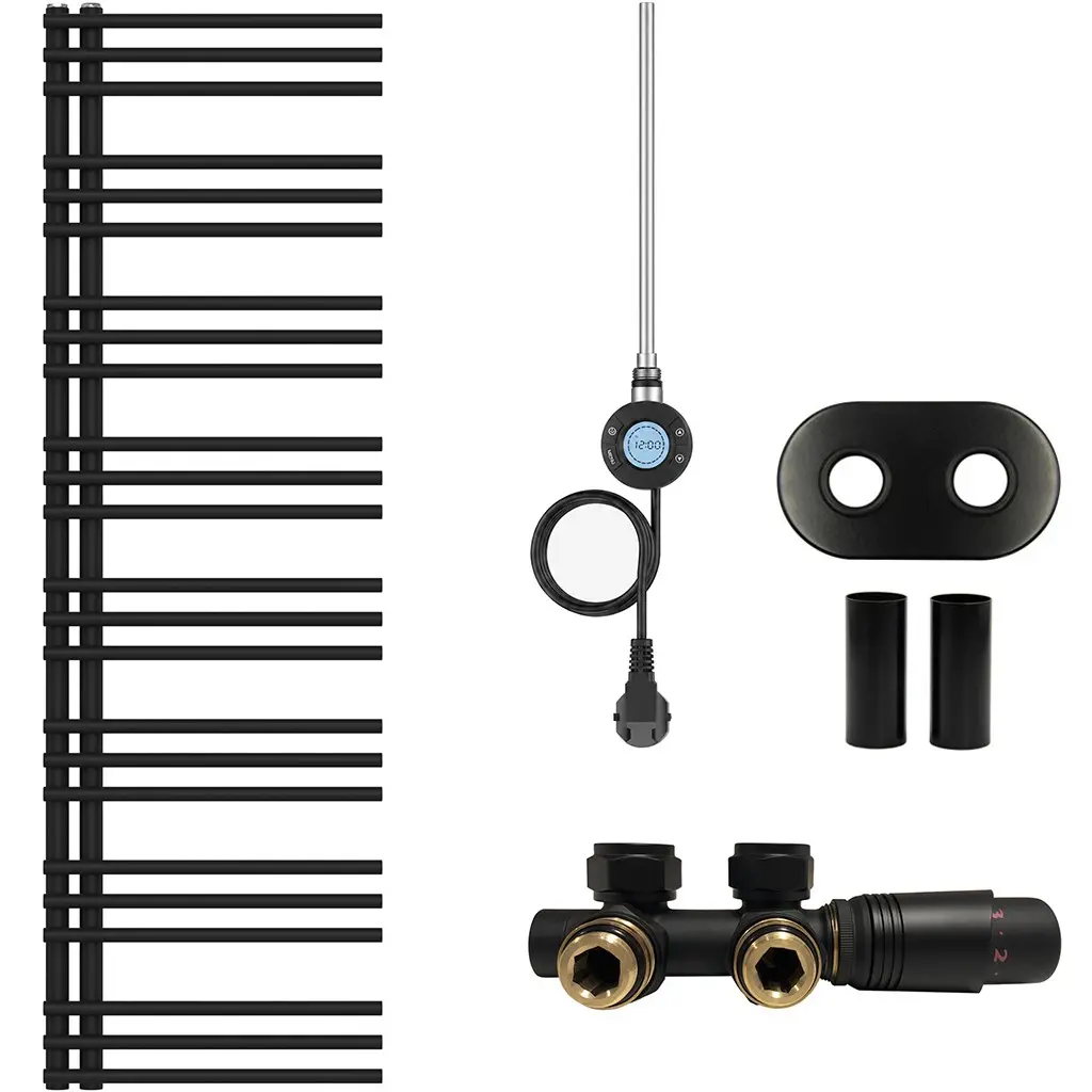 Koupelnový radiátorový set Burke - kombinované vytápění, wifi tyč - asymetrické připojení 50 mm - 600W - černá matná - 1600x500 mm