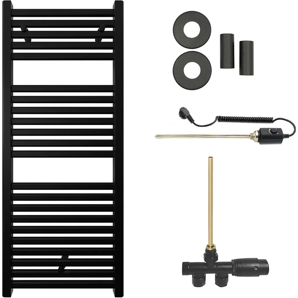 CERANO Koupelnový radiátorový set Donovan kombinované vytápění, termo tyč boční jednobodové připojení 300W černá matná 1200x500 mm CER-562825