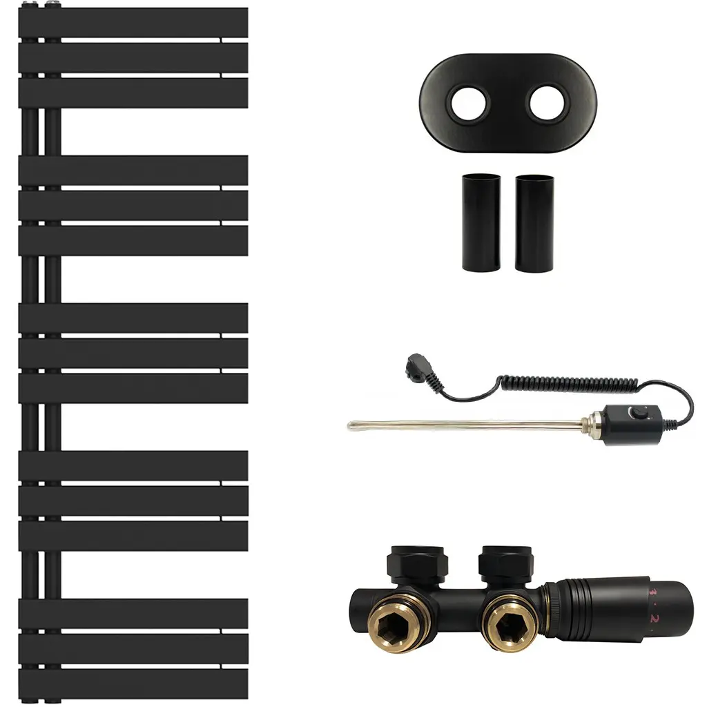 CERANO Koupelnový radiátorový set Theo kombinované výtápění, termo tyč asymetrické připojení 50 mm 600W černá matná 1600x500 mm CER-970864