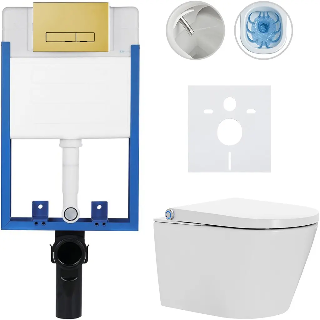 Kompletní WC set Profi/Cronus Standard - bílá lesklá - WC tlačítko Slim/Zlatá - pro zazdění - 59,3x38,4 cm