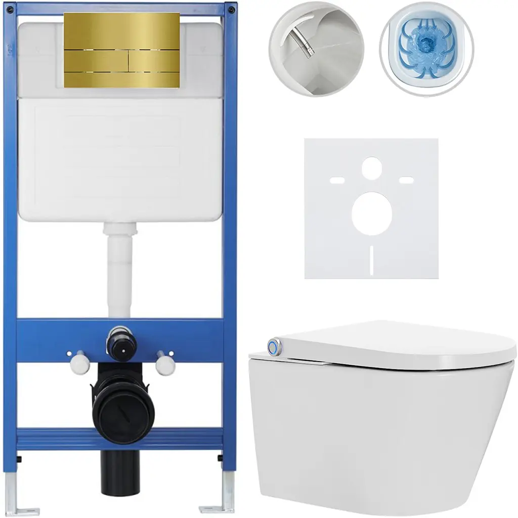 Kompletní WC set Profi/Cronus Standard - bílá lesklá - WC tlačítko Line/Zlatá - předstěnová instalace - 59,3x38,4 cm
