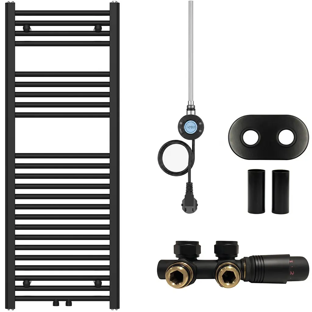 Koupelnový radiátorový set Benito - kombinované vytápění, wifi tyč - středové připojení 50 mm - 300W - černá matná - 1200x450 mm