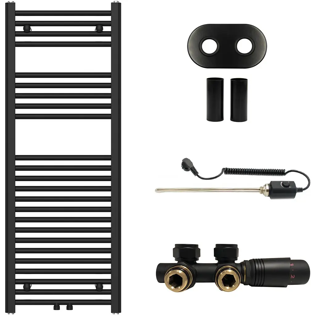 Koupelnový radiátorový set Benito - kombinované vytápění, termo tyč - středové připojení 50 mm - 300W - černá matná - 1200x450 mm