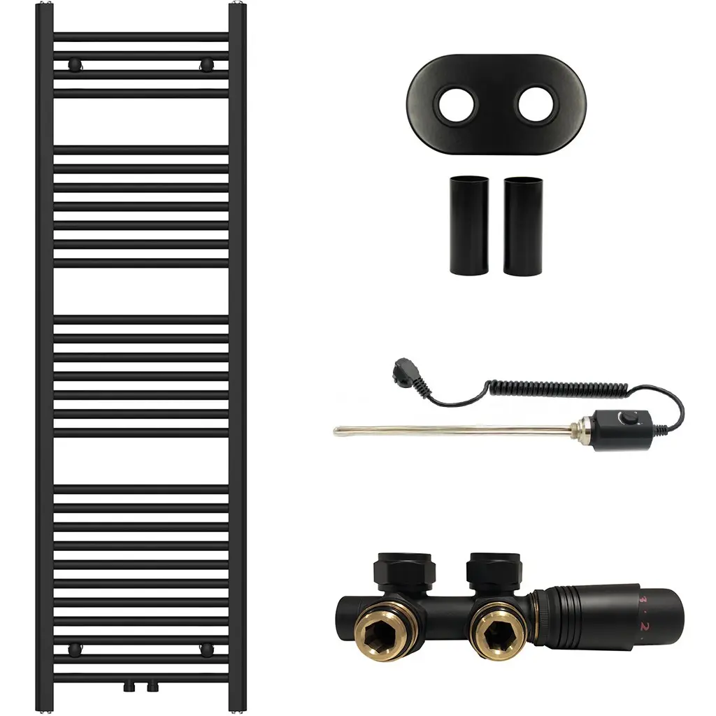 CERANO Koupelnový radiátorový set Benito kombinované vytápění, termo tyč středové připojení 50 mm 300W černá matná 1500x450 mm CER-287284