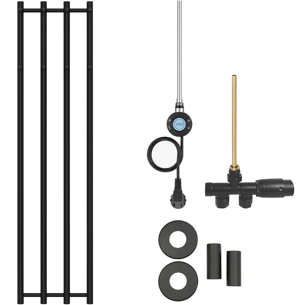 CERANO Koupelnový radiátorový set Bertini kombinované vytápění, wifi tyč boční jednobodové připojení 300W černá matná 1400x351 mm CER-341554