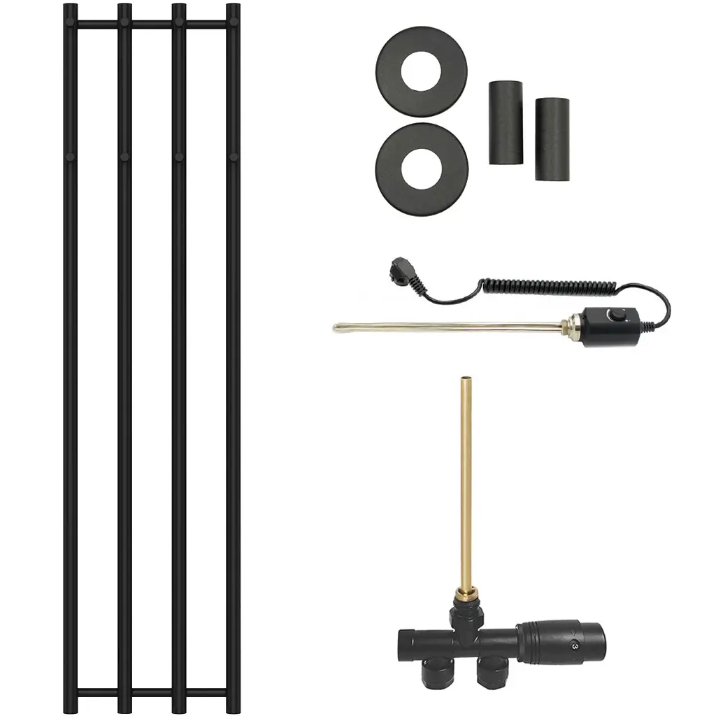 Koupelnový radiátorový set Bertini - kombinované vytápění, termo tyč - boční jednobodové připojení - 300W - černá matná - 1400x351 mm