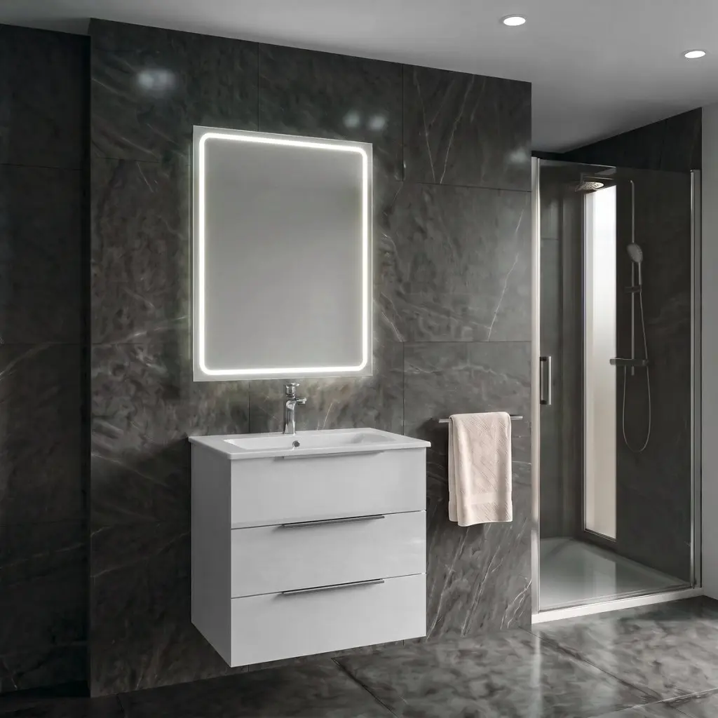 SAPHO SET koupelnová skříňka CIRASA 60cm s umyvadlem a LED zrcadlem, 3x zásuvka, bílá lesk KSET-097