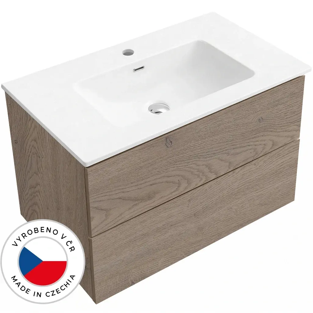 CERANO Koupelnová skříňka Adele dub Cannolo Cremona + keramické umyvadlo Novo bílá lesklá 81x61,5x46,5  CER-578863