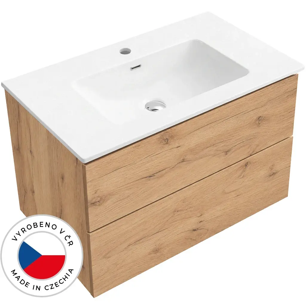 CERANO Koupelnová skříňka Adele dub zlatý Craft + keramické umyvadlo Novo bílá lesklá 81x61,5x46,5  CER-641753