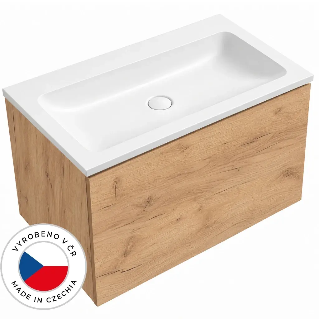 CERANO Koupelnová skříňka Adele dub zlatý Craft + umyvadlo z lit. mramoru Amati bílá matná 80,5x41,5x46,5  CER-067152