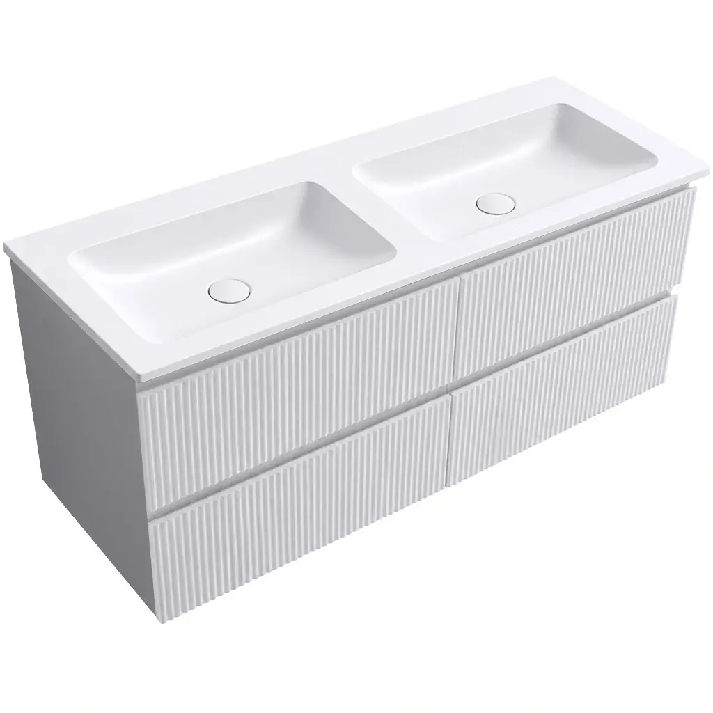 CERANO Koupelnová skříňka Carole bílá matná rýhovaná + dvojumyvadlo z lit. mramoru Amati bílá matná 121x49,5x46,7  CER-271276