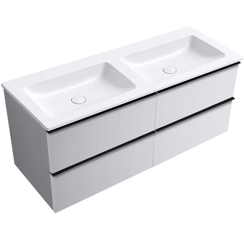 CERANO Koupelnová skříňka Velora bílá matná, úchytka černá + dvojumyvadlo z lit. mramoru Amati bílá matná 121x54,5x46,7  CER-416978